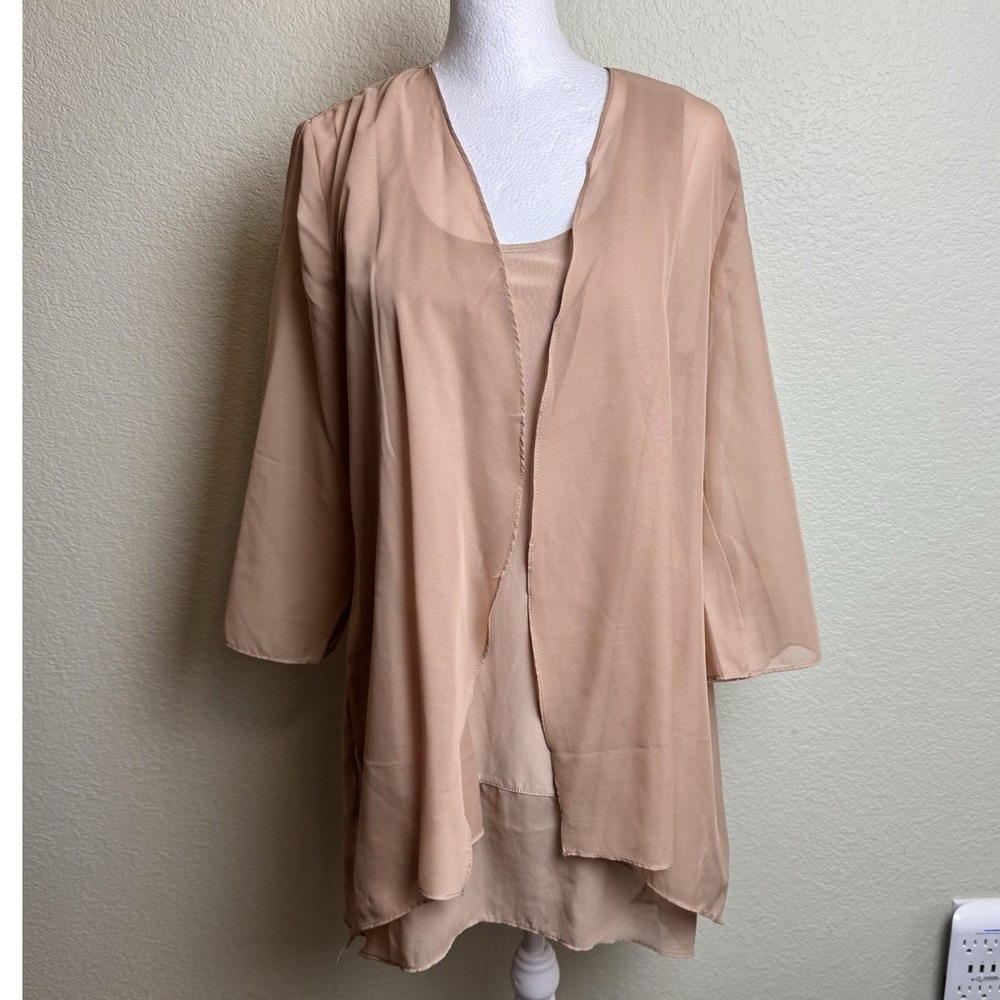 Slinky Brand Minimalist Beige Tank Top Chiffon Duster Cardigan 2pc Set XS